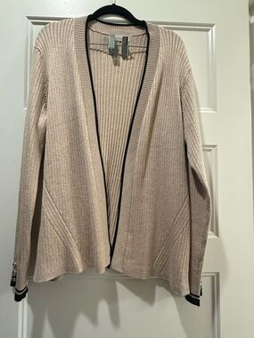 Madison Ribbed Open-Front Cardigan in Beige with Black Trim